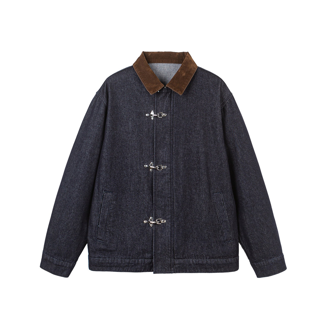 Unisex Boxy Denim Jacket with Velour Collar and Distinctive Carabiner Closures Mune Fashion