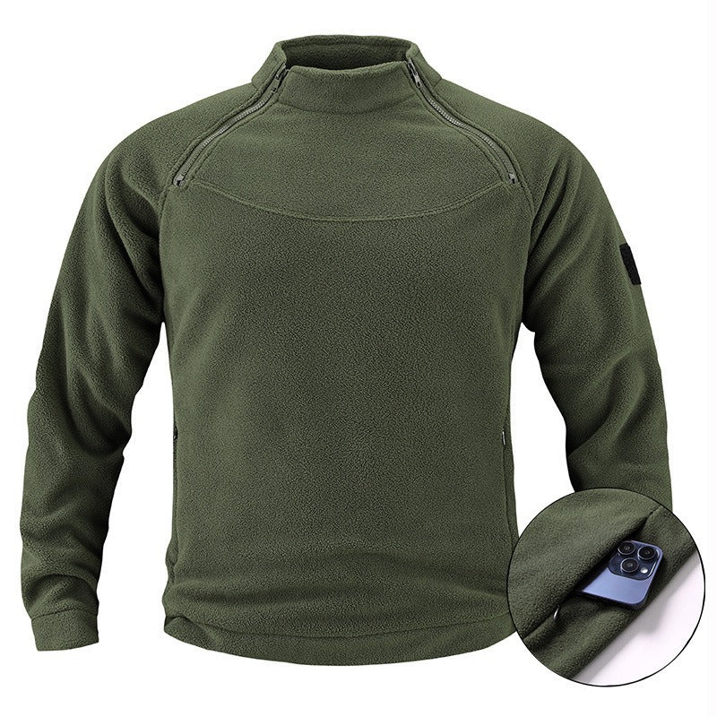 Men's tactical fleece pullover with shoulder zippers, chin guard, and Velcro panel Mune Fashion