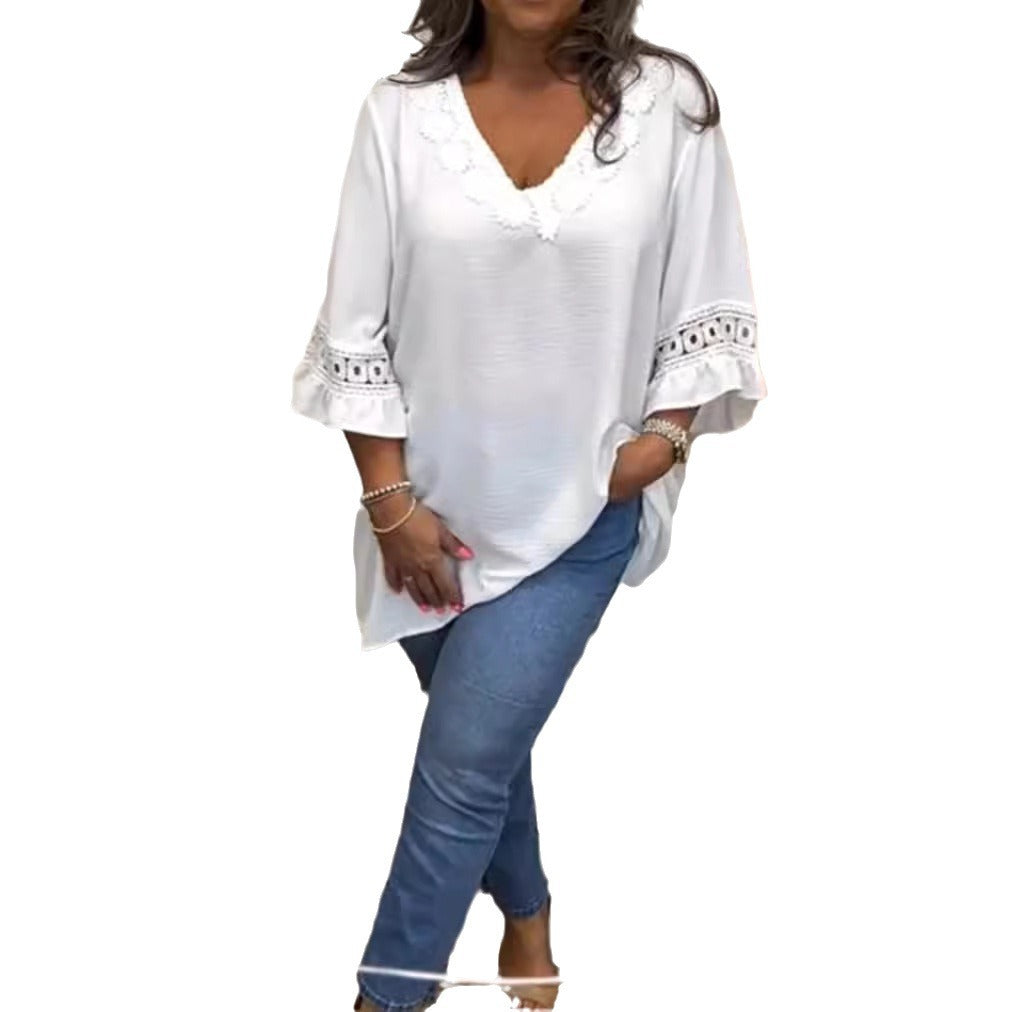 Ladies falling locker Crinkle tunic with crochet lace V-neck and frill sleeves Mune Fashion