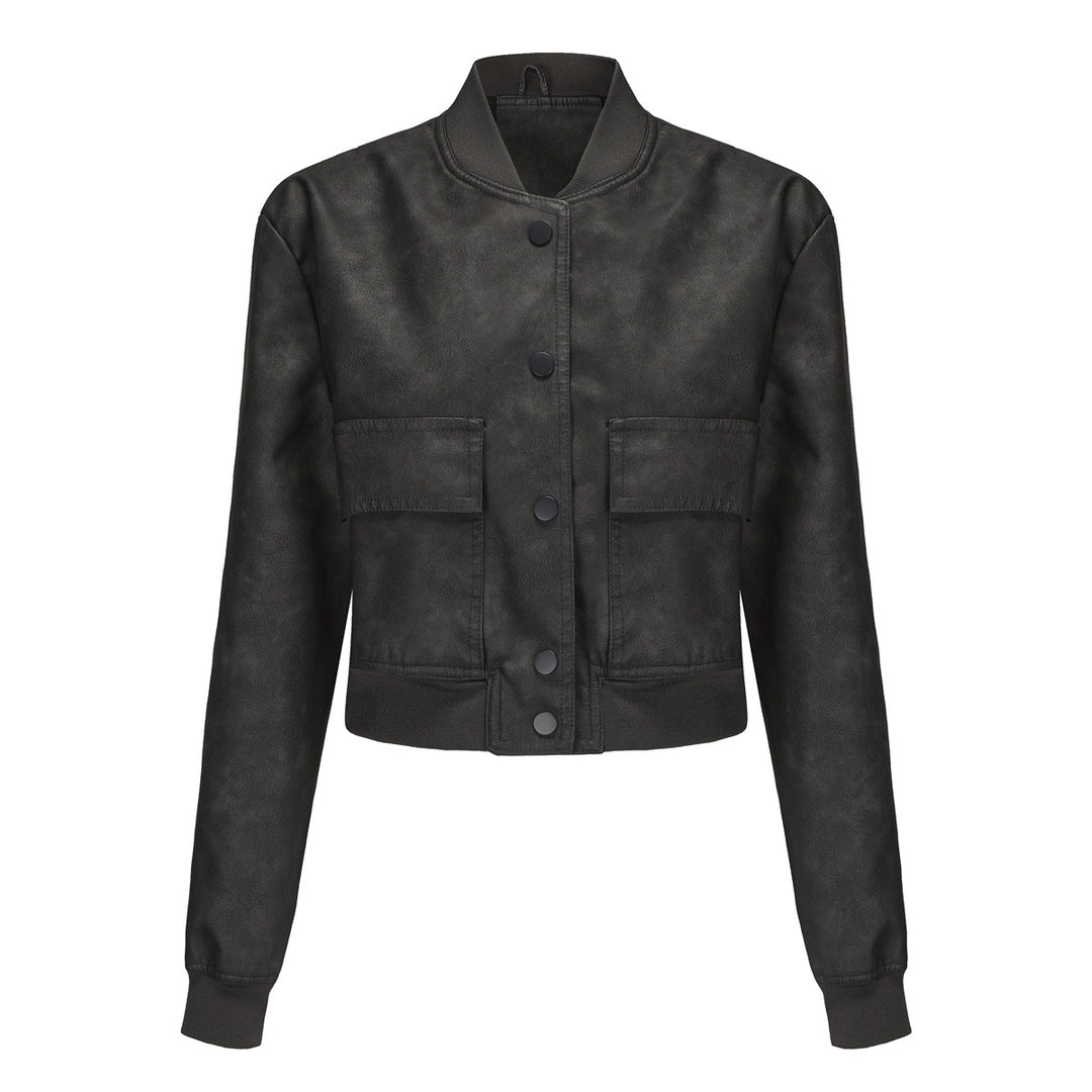 Women's short crop faux leather jacket in blouson style with snap front and flap pockets Mune Fashion