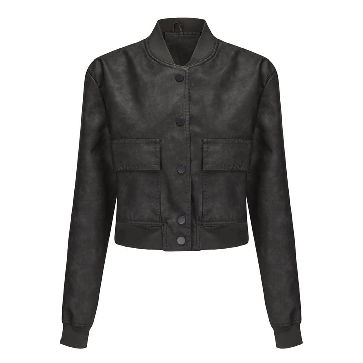 Women's short crop faux leather jacket in blouson style with snap front and flap pockets Mune Fashion