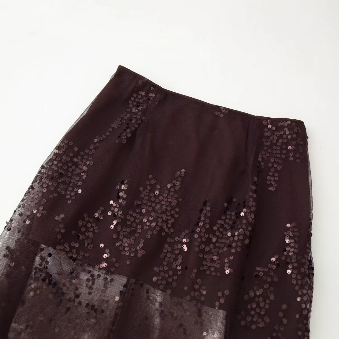 Women's Long Tulle Skirt with Sequin Trim and Opaque Lining Mune Fashion