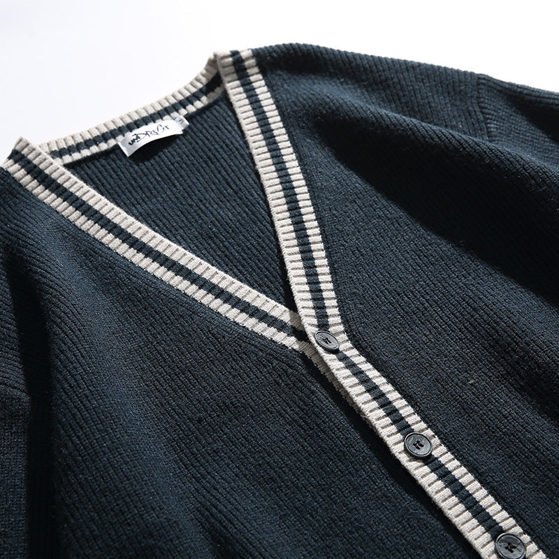 Unisex Oversize Knit Cardigan with Contrast Stripes, V-Neck and Patch Pockets Mune Fashion