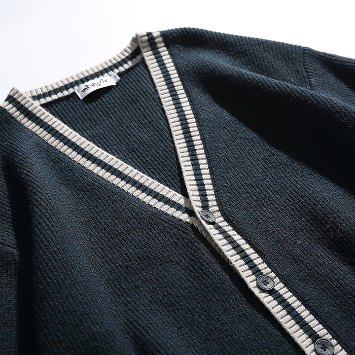 Unisex Oversize Knit Cardigan with Contrast Stripes, V-Neck and Patch Pockets Mune Fashion