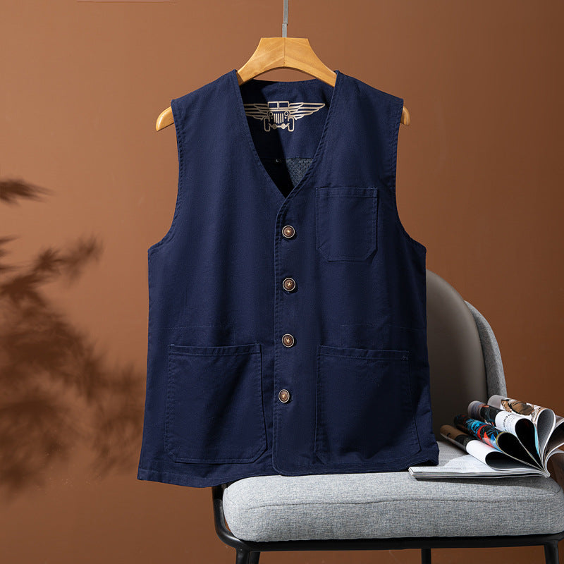 Men's Canvas Utility Vest with Multiple Pockets and Button Placket Mune Fashion
