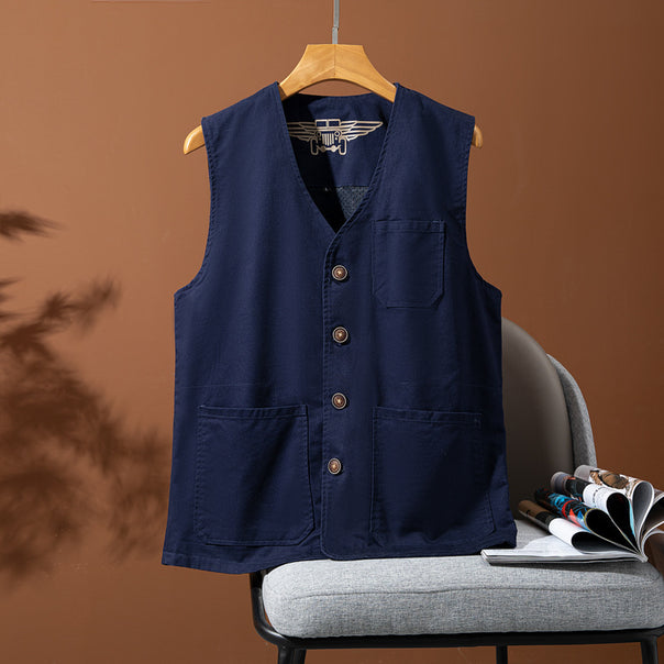 Men's Sleeveless Utility Canvas Vest with V-Neck, Button Placket, and Patch Pockets Mune Fashion