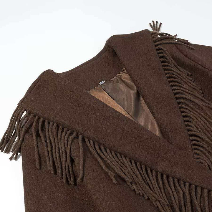 Ladies Long Fringe Wool Blend Coat with Hood, Tie Belt and Patch Pockets Mune Fashion