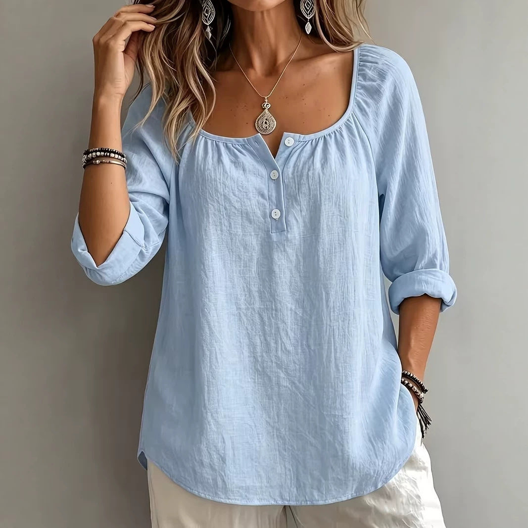 Women's Loose Fitting Linen Look Tunic with U-Neck and Short Button Placket Mune Fashion