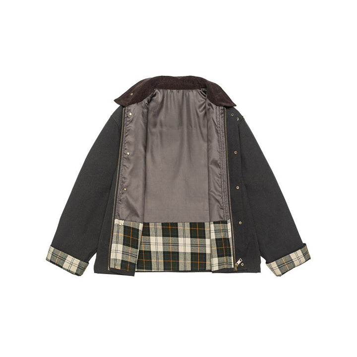 Men's Short Boxy Work Jacket made of sturdy canvas with cord collar and concealed snap button placket Mune Fashion