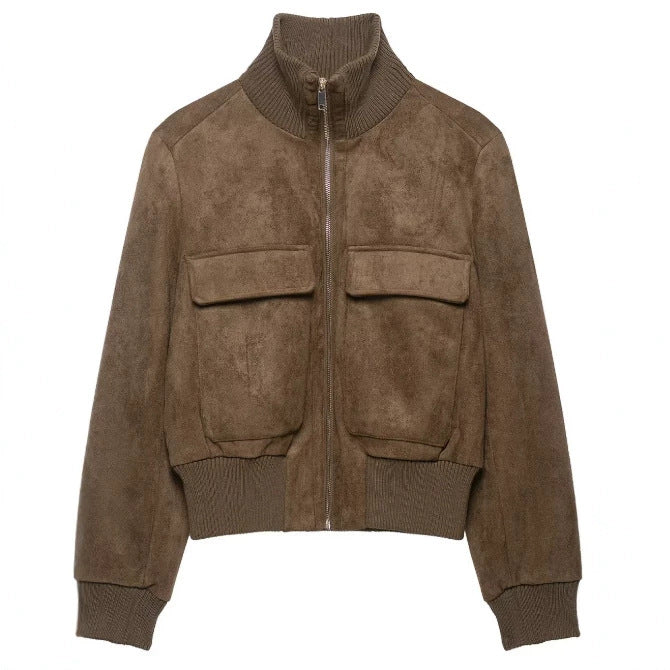 Ladies short-cut suede bomber jacket with ribbed collar and patch flap pockets Mune Fashion