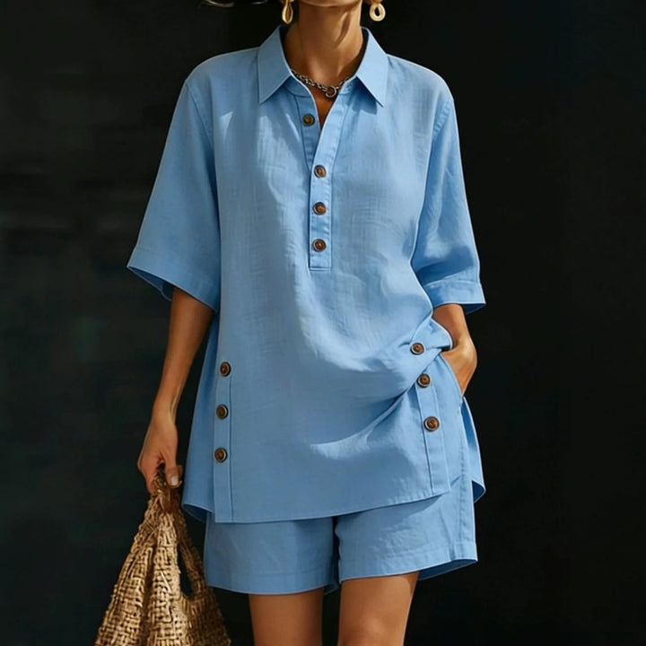 Women's airy linen-look two-piece set with oversized shirt blouse, button placket, and Bermuda shorts Mune Fashion