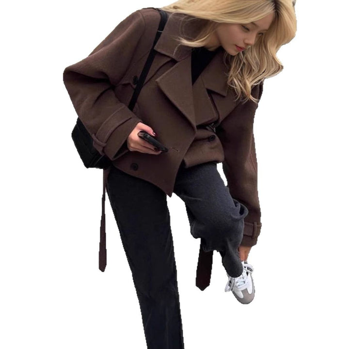 Women Short Wool Coat with Oversized Collar, Double-Breasted Button Placket and Tie Belt Mune Fashion