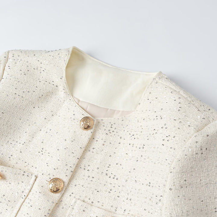 Women Short-Cut Tweed Jacket in Boucle Look with Round Neckline, Decorative Buttons and Flap Pockets Mune Fashion