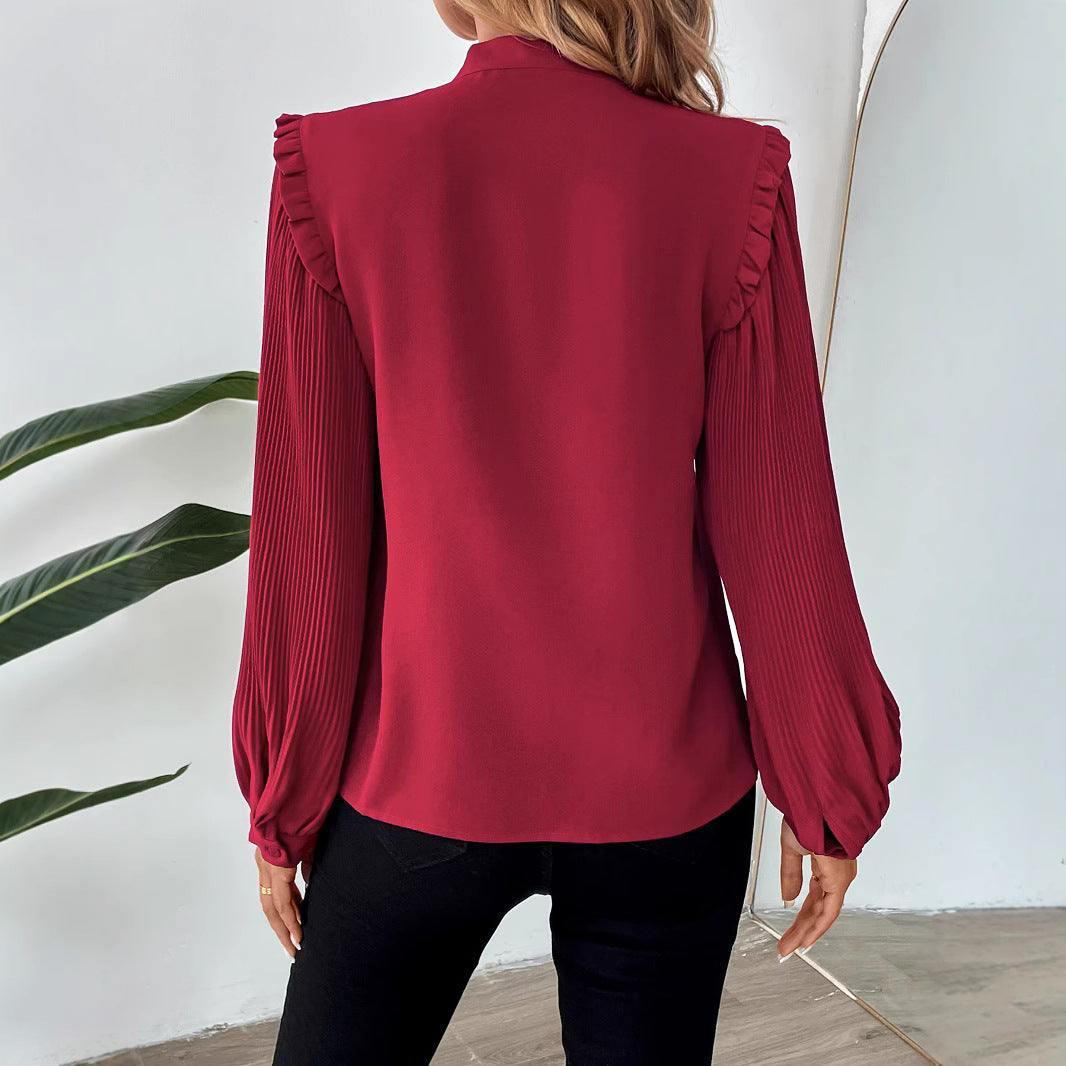Ladies Elegant Chiffon Blouse with Bow Collar and Pleated Sleeves Mune Fashion