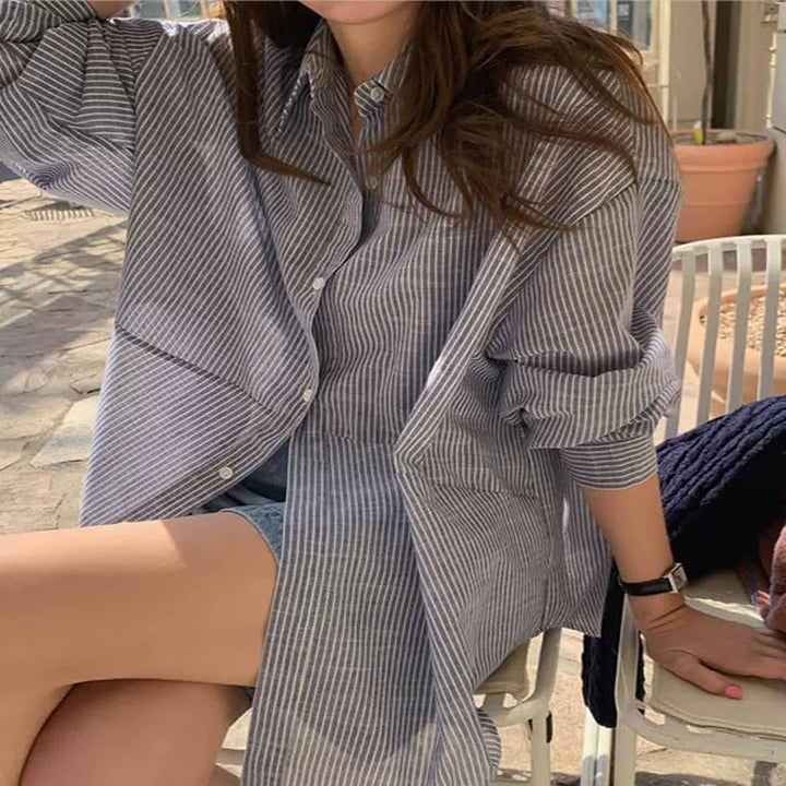 Women Longline Striped Shirt with Boxy Oversize Fit and Kent Collar Mune Fashion