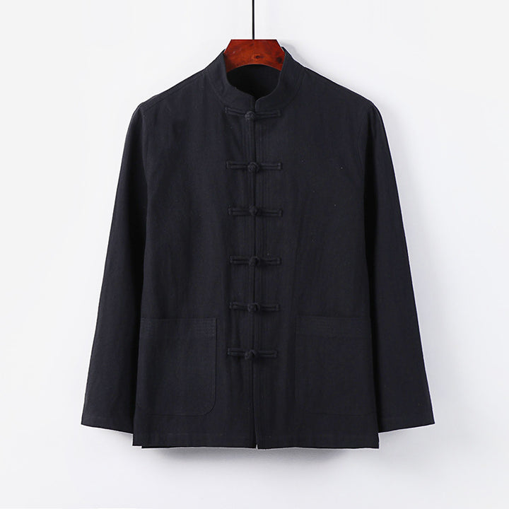 Men's traditional Tang jacket with stand-up collar and knot buttons made of linen blend Mune Fashion