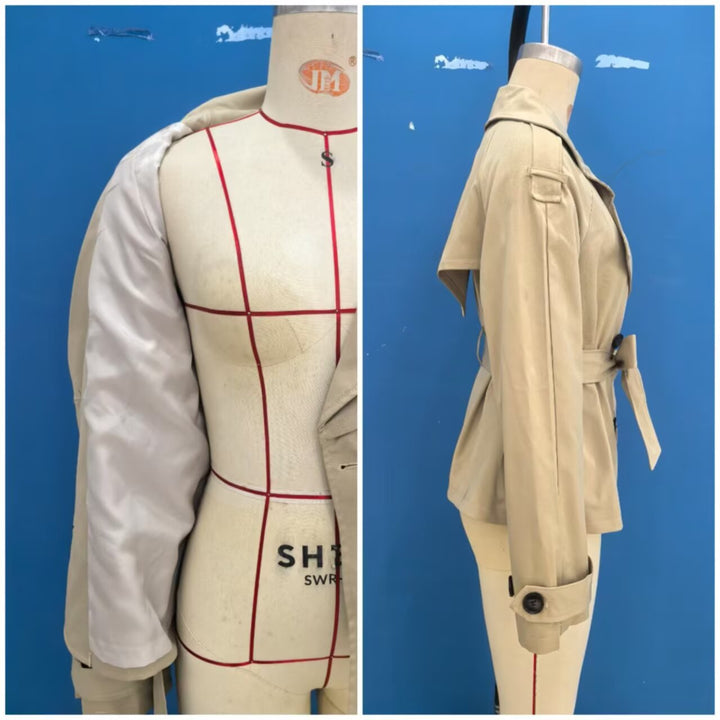 Women's Short Trench Jacket with Reversed Hood, Waist Belt and Double Button Placket Mune Fashion