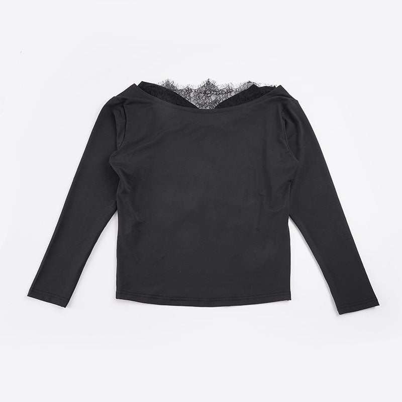 Women Draped Long Sleeve Top with Deep Waterfall Back and Fine Lace Back Panel Mune Fashion