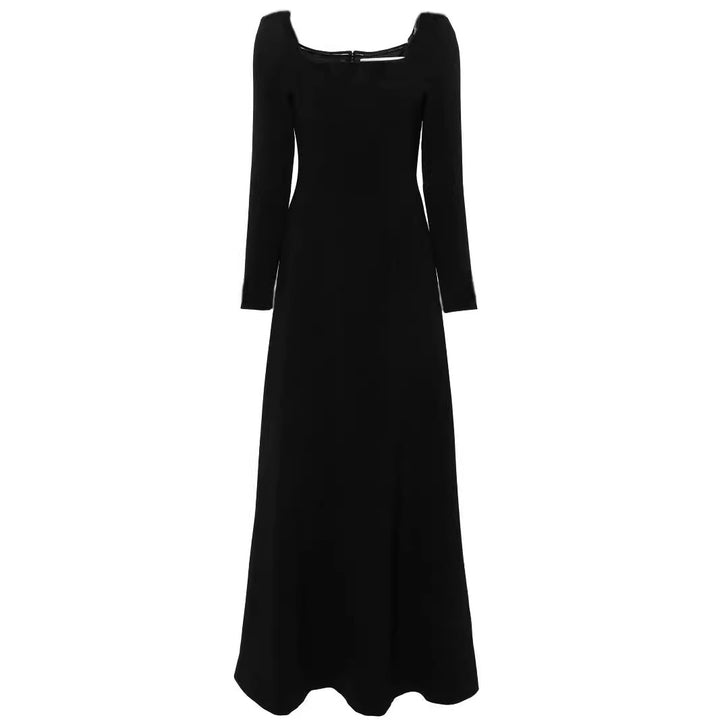 Women's Maxi Length Evening Dress in Minimalist A-Line Cut with Square Neckline and Long Sleeves Mune Fashion