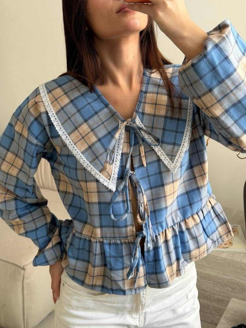 Women's Checked Ruffle Blouse with Oversized Lace Collar and Ties Mune Fashion