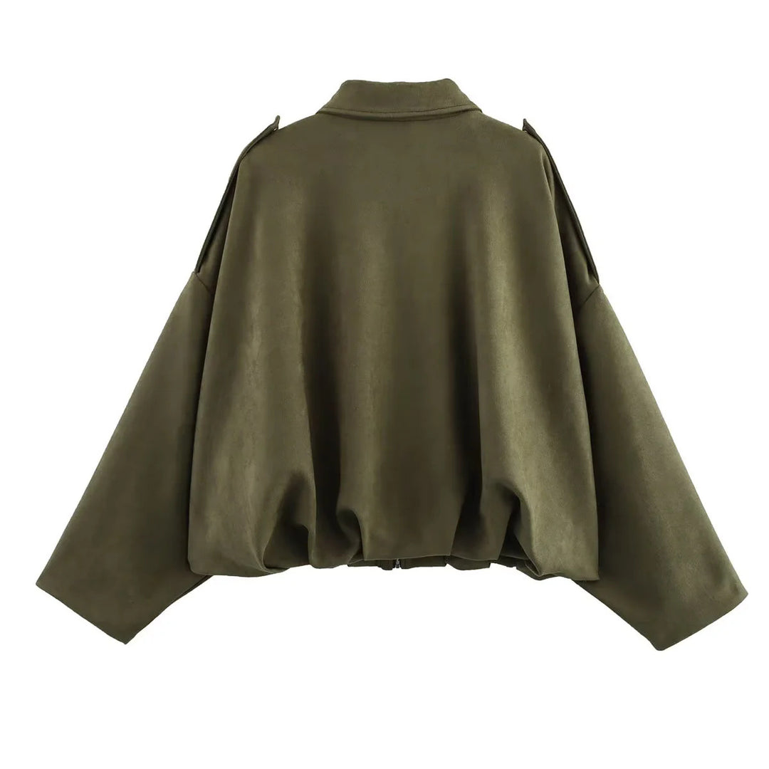 Women nan oversized suede bomber jacket with shoulder epaulettes Mune Fashion
