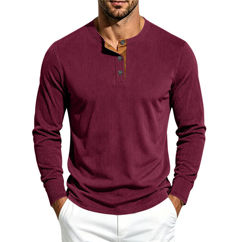 Men's Ribbed Long Sleeve Henley with Stand-Up Collar, Contrast Button Placket and Ribbed Cuffs Mune Fashion