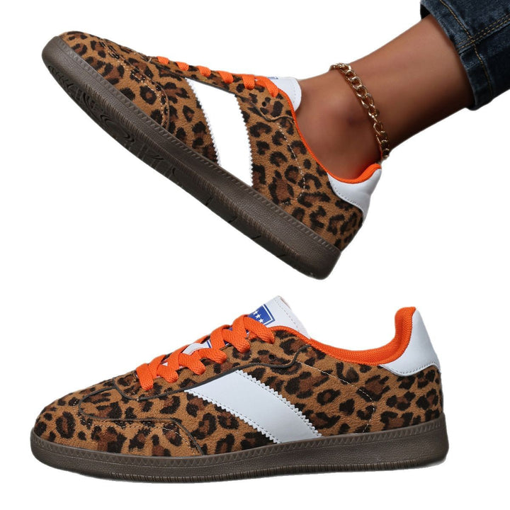 Ladies Leopard Print Suede Look Sneakers with Ergonomic Padded Sole and Non-Slip Rubber Sole Mune Fashion