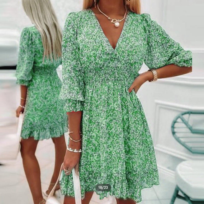 Women's Floral Chiffon Mini Dress with V-Neck and Waist Belt Effect Mune Fashion