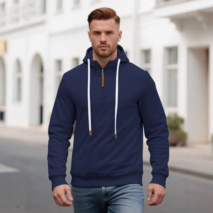 Men's Half-Zip Hooded Sweatshirt with Stand-Up Collar, Drawstring and Leather Details Mune Fashion