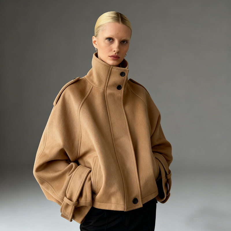 Women's Short Oversize Wool Jacket with Stand-up Collar and Epaulets Mune Fashion