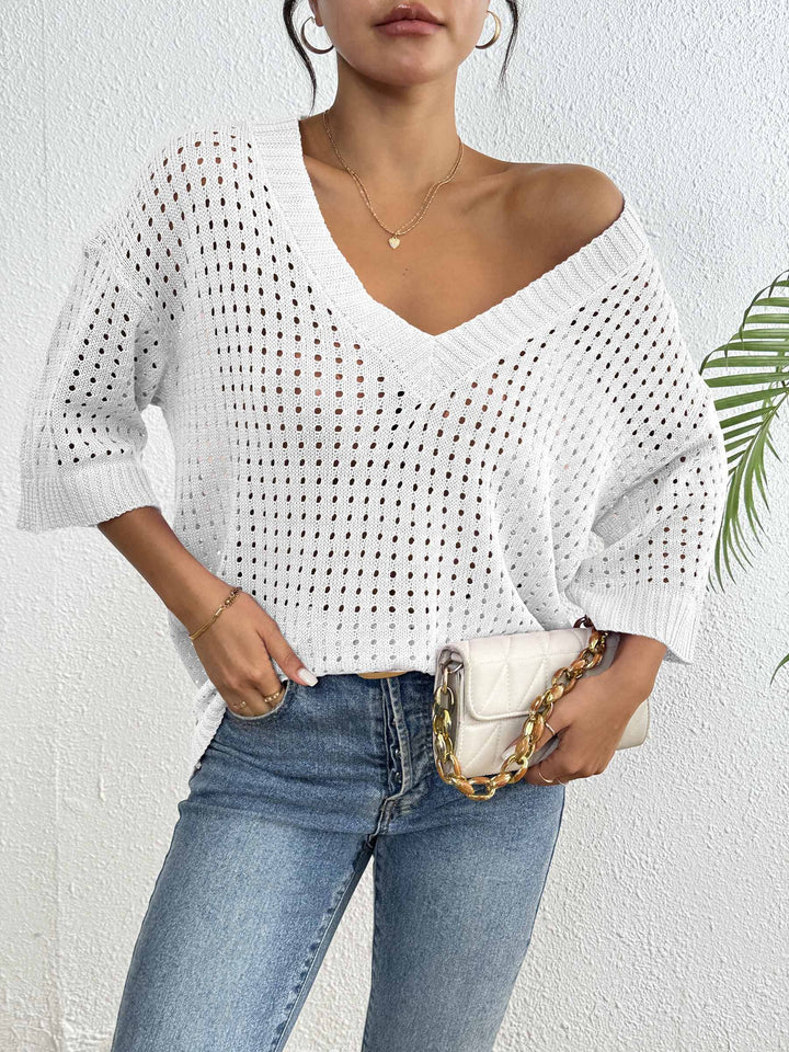 Ladies lightweight knit sweater with V-neck and decorative hole pattern Mune Fashion