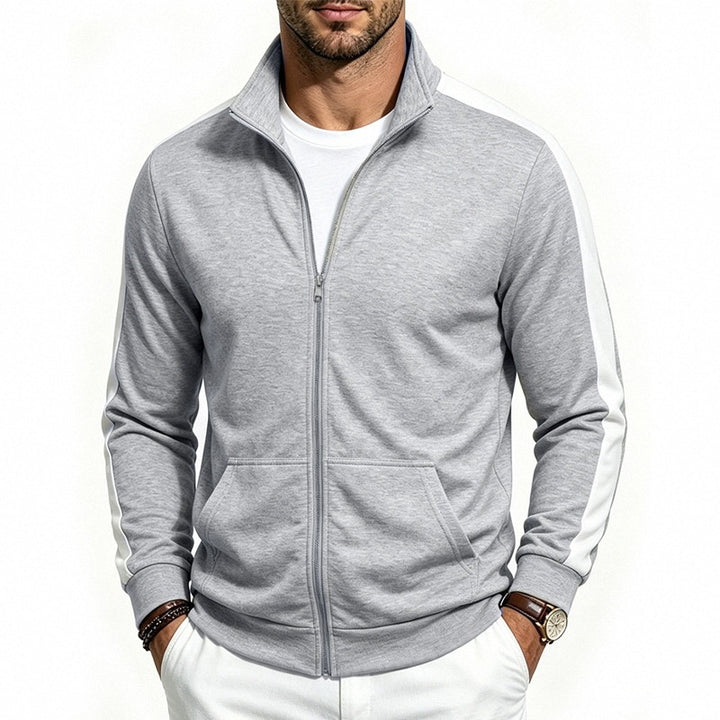 Men's Retro Track Jacket with Stand-up Collar, Contrast Stripes and Kangaroo Pocket Mune Fashion