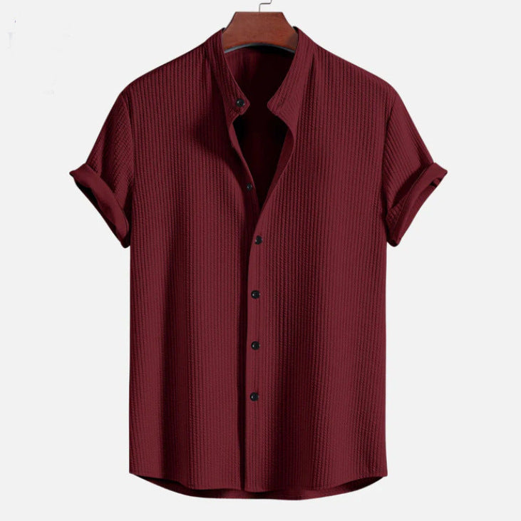 Men's Short Sleeve Structured Shirt with Stand Collar and Rolled-Up Sleeves Mune Fashion