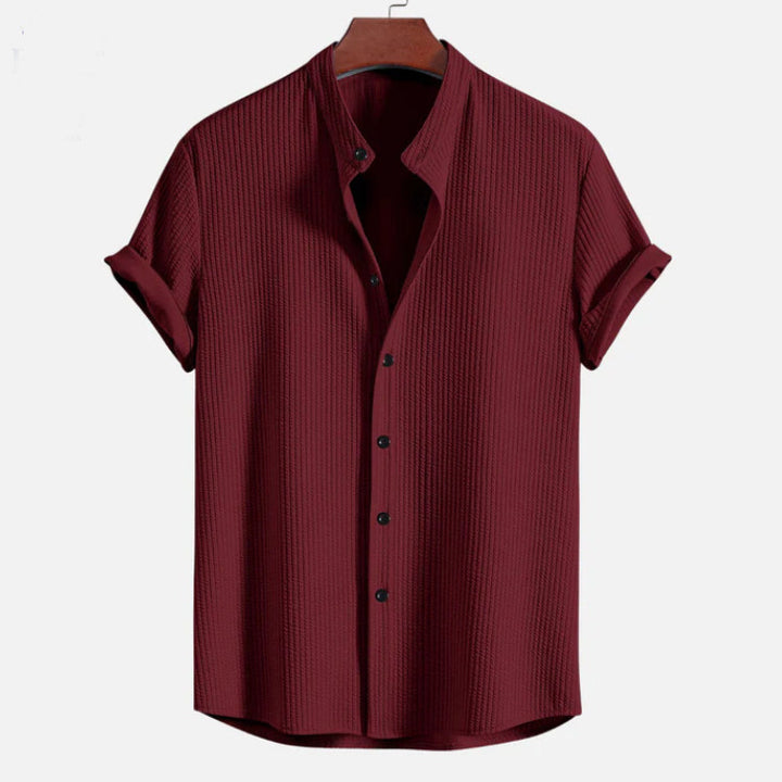 Men's Short Sleeve Structured Shirt with Stand Collar and Rolled-Up Sleeves Mune Fashion
