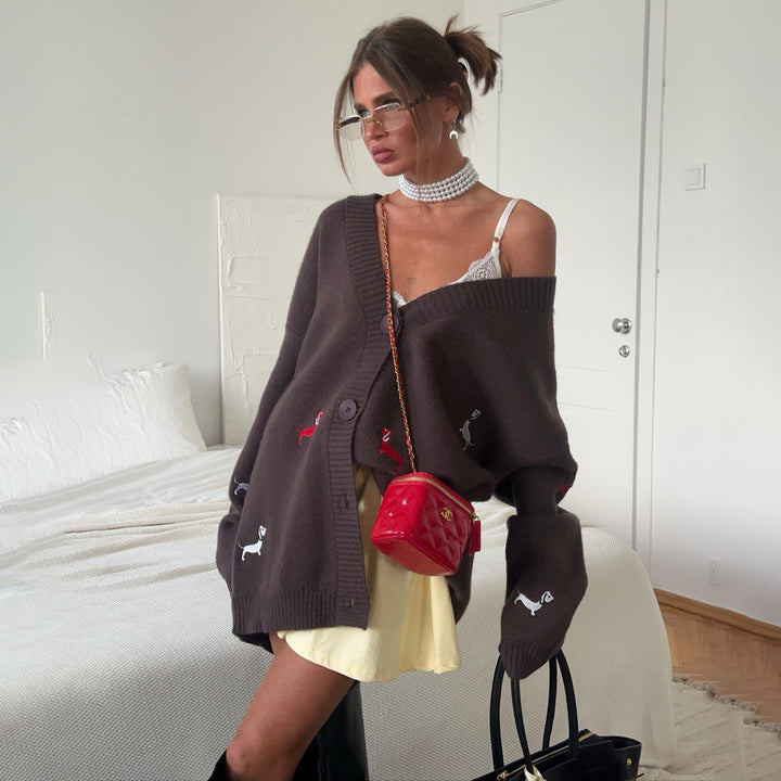 Women Oversized Knit Cardigan with Embroidered Dachshund Motifs Mune Fashion