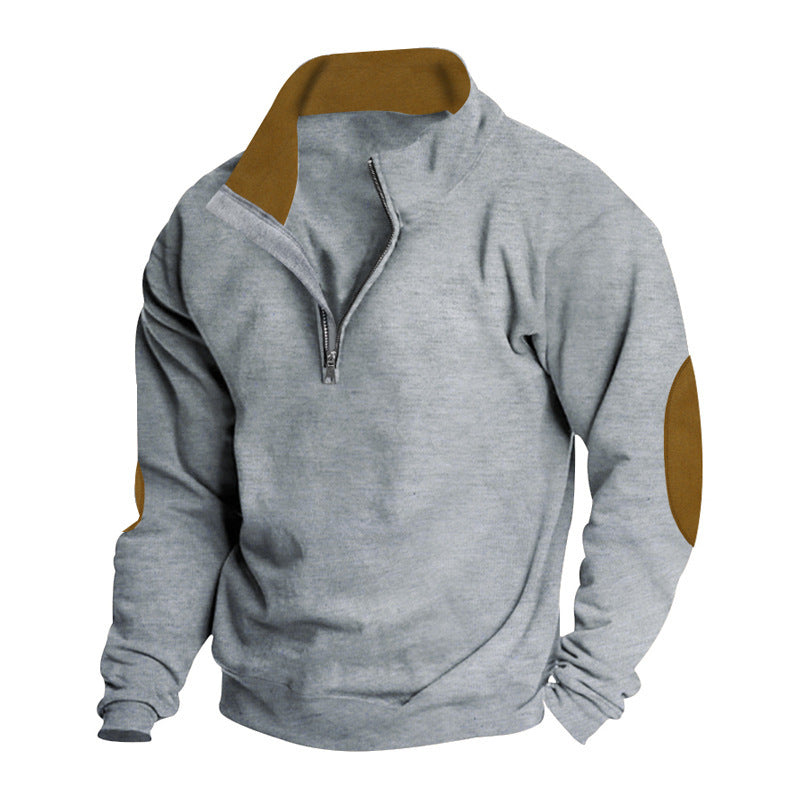 Men's short zip stand collar sweater with contrast collar and suede elbow patches Mune Fashion