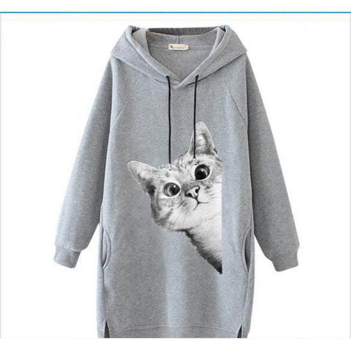 Ladies Oversize Hooded Dress made of Sweat Fabric with Large Cat Print and Side Pockets Mune Fashion