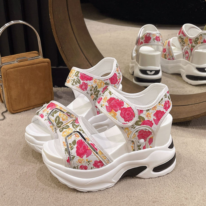 Women's chunky wedge heeled sandals with adjustable hook and loop straps and floral textile upper Mune Fashion