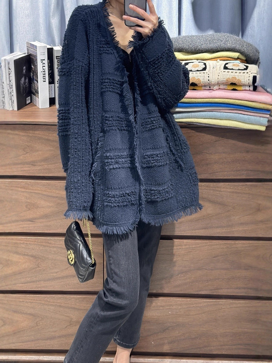 Women Oversized Knit Cardigan with Structured Check Pattern Look, Fringes and Patch Pockets Mune Fashion