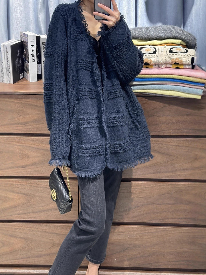 Women Oversized Knit Cardigan with Structured Check Pattern Look, Fringes and Patch Pockets Mune Fashion