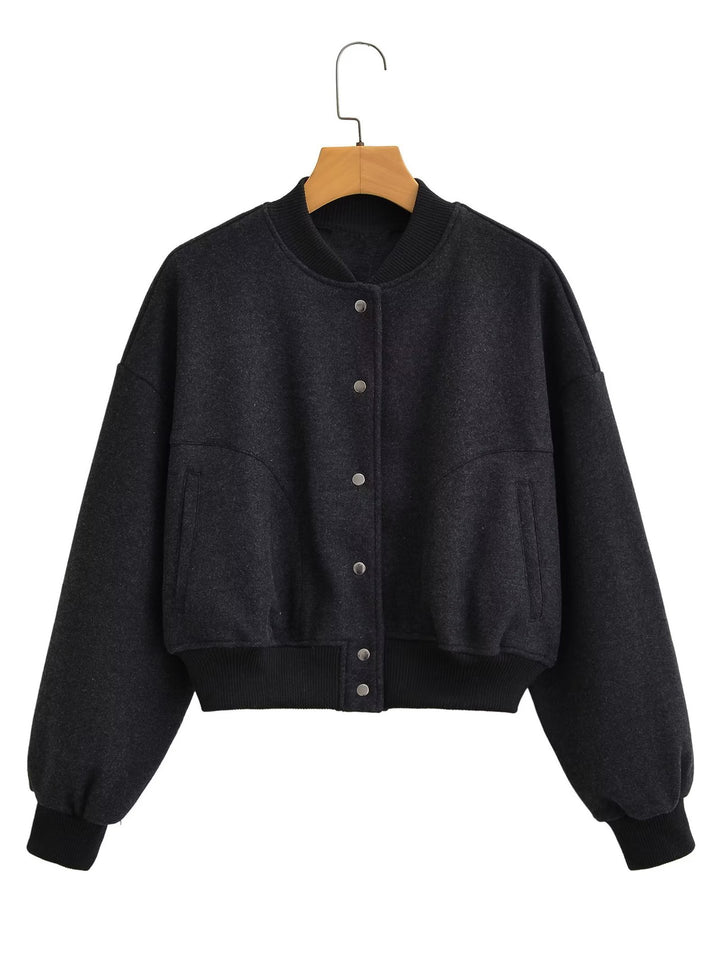 Unisex oversized wool blend bomber jacket with ribbed hem and snap button placket Mune Fashion