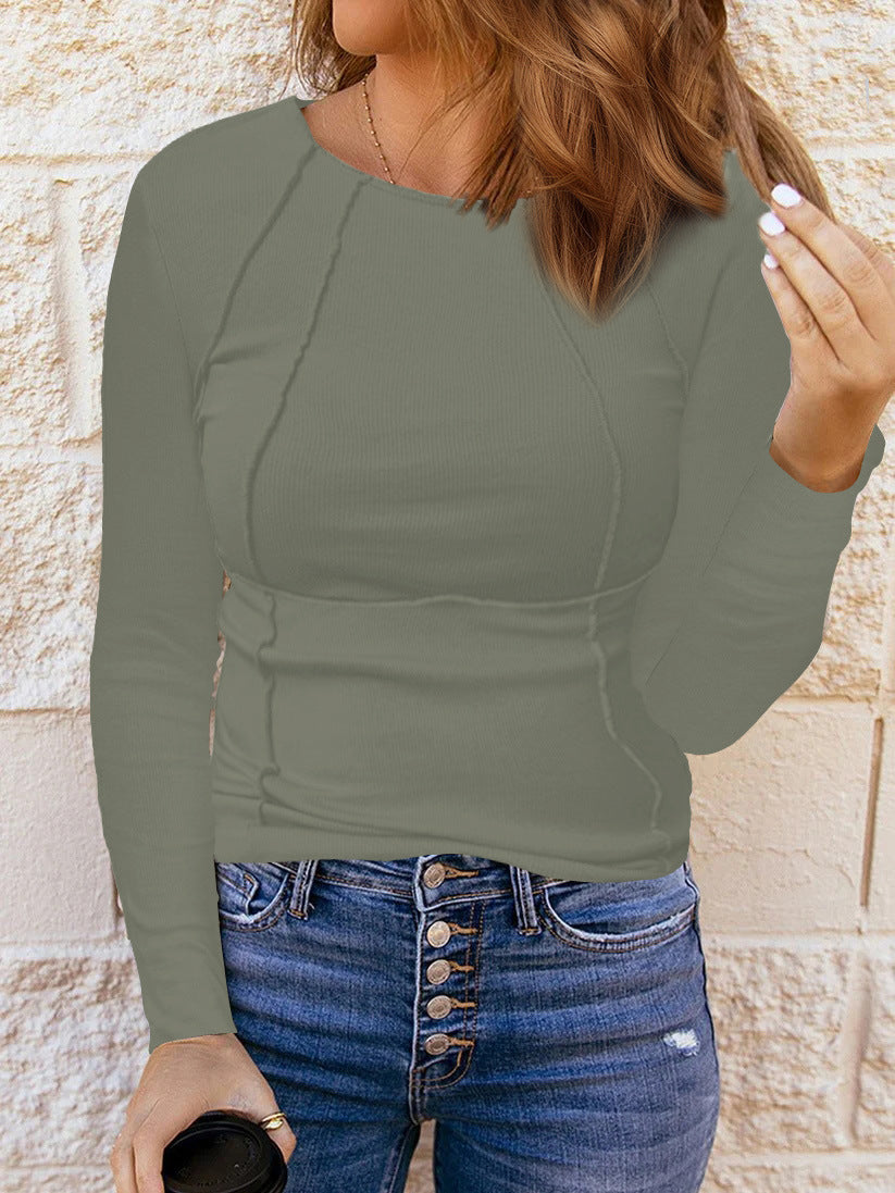 Women Fitted Rib Long Sleeve with Decorative Seams Mune Fashion