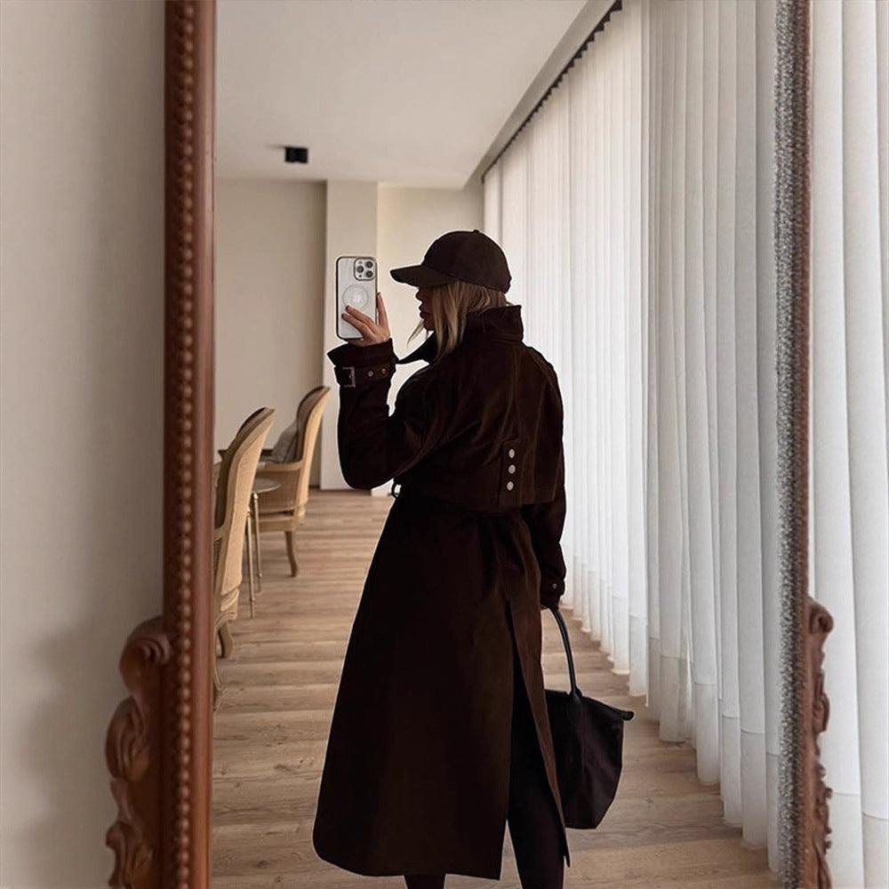 Women's Maxi Length Trench Coat in Velour Look with Double-Breasted Button Placket and Oversized Cut Mune Fashion