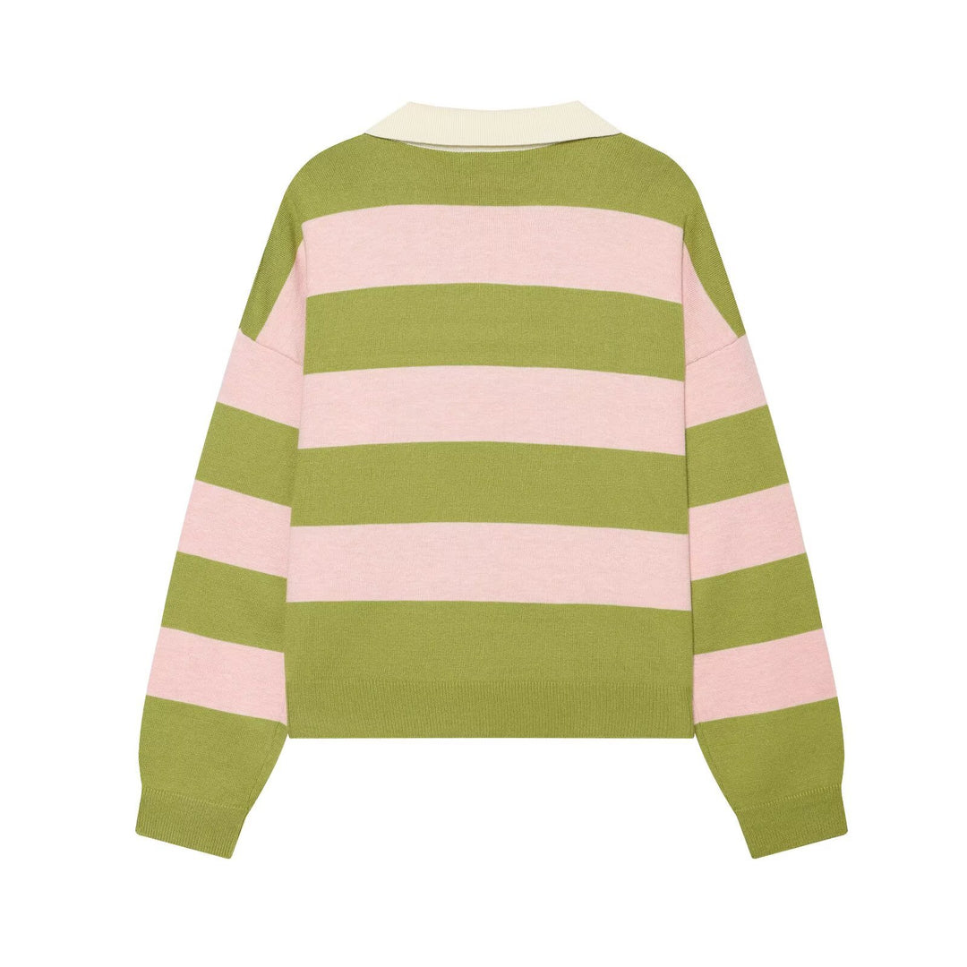 Women Oversized Rugby Sweater with Polo Collar and Wide Block Stripes Mune Fashion