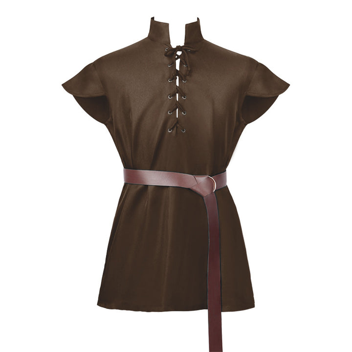 Men's casual short-sleeve shirt with laced V-neck, short stand-up collar, and soft cotton blend Mune Fashion