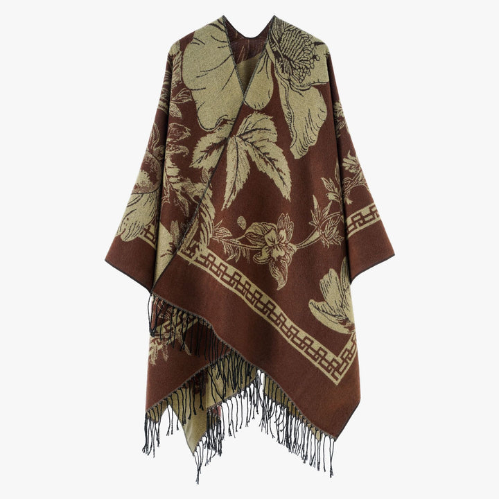 Women's Large Wool Blend Fringe Poncho with Diagonal Contrast Stripes Mune Fashion