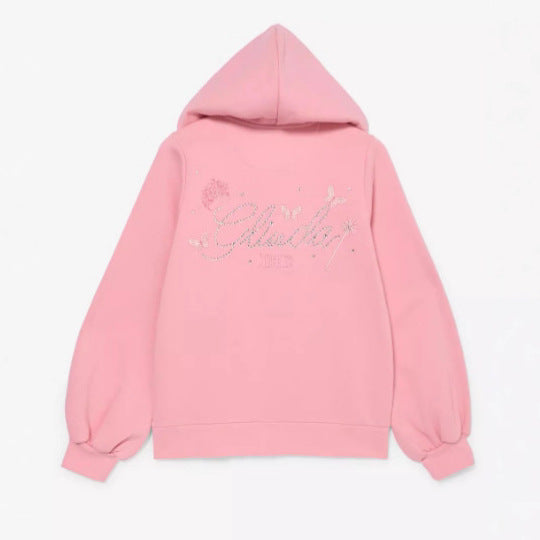 Women's Ruffled Hooded Sweat Jacket with Balloon Sleeves and Rhinestone Logo Mune Fashion