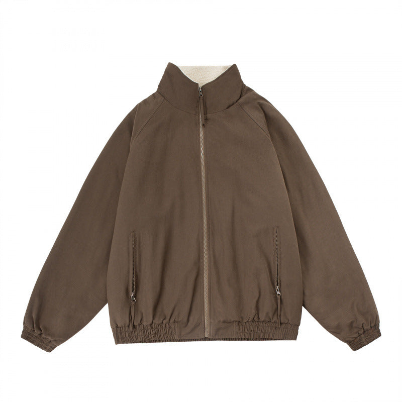 Men's Oversize Zip Jacket with Stand-up Collar, Teddy Fleece Lining and Elastic Hem Mune Fashion