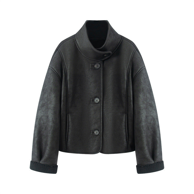 Women's short lambskin look jacket with high stand-up collar and buttoned front Mune Fashion