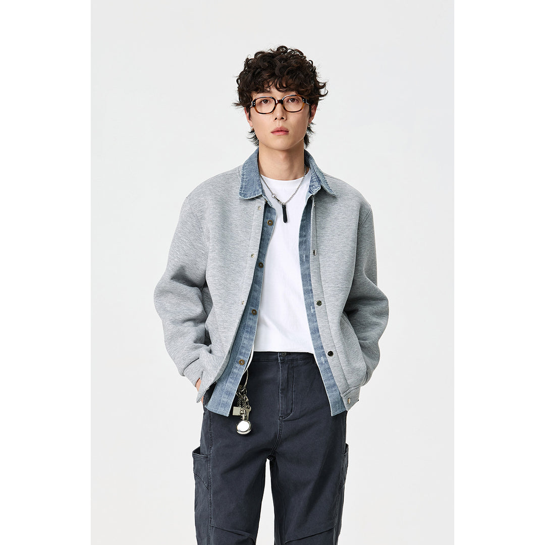 Unisex Layered Look Boxy Blouson with integrated Denim Collar and Snap Button Placket Mune Fashion
